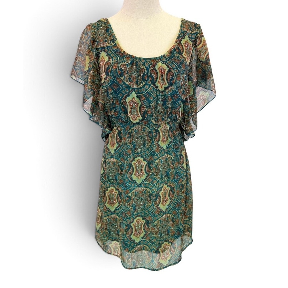 Fire Vintage Hippie Lined Sheer Forest Green Dress Womens Size S Flutter Sleeve